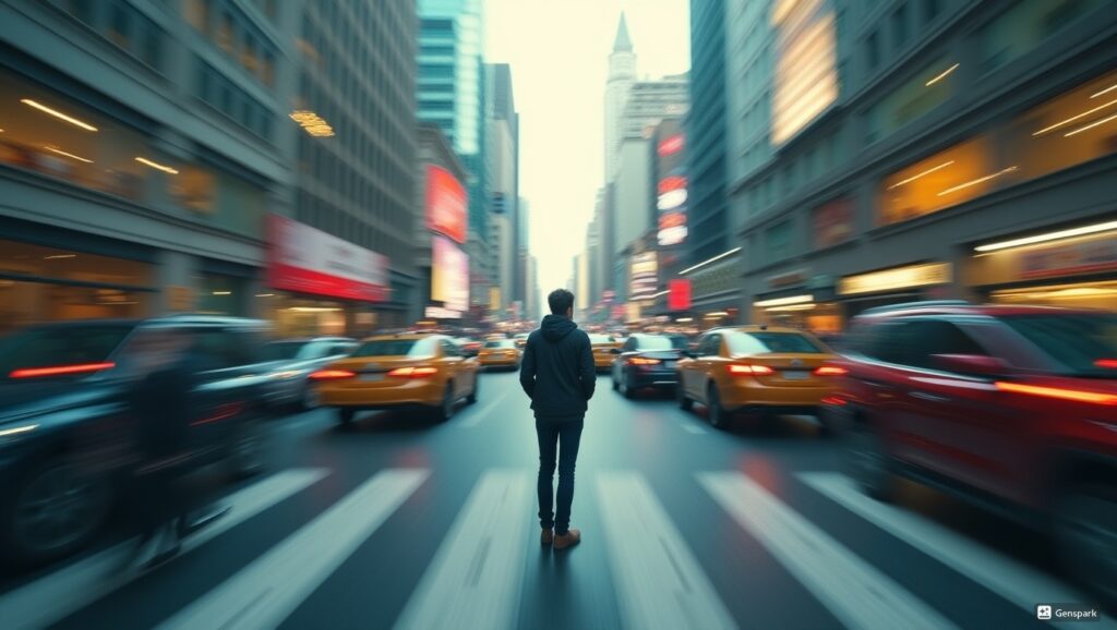 忙しい都市の風景の中で、周囲が動いている中で一人だけが静止している人物。背景にはぼやけた人々や車が行き交う様子