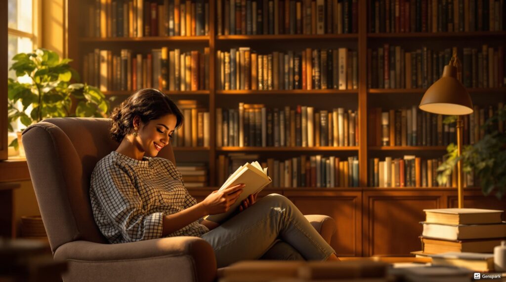 書斎で本を読む、知識を得た満足感を表現する人
