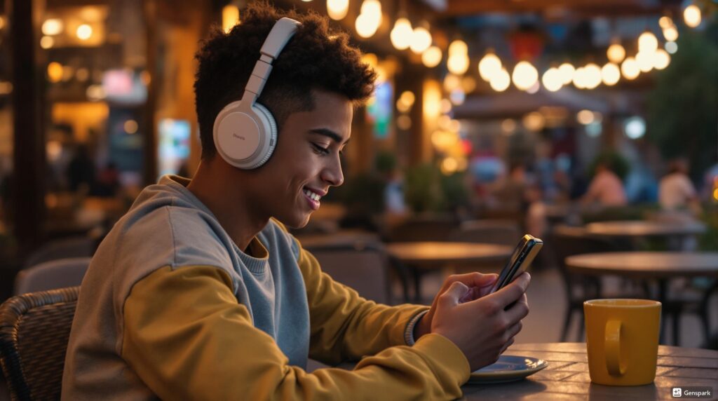 スマートフォンやタブレットで映画を楽しむ若者、カフェのテラスで、イヤホンをしている