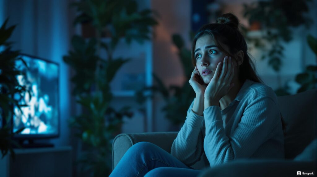 リビングルームでテレビを見ている若い女性、驚きと悲しみの表情、ニュース映像が流れている