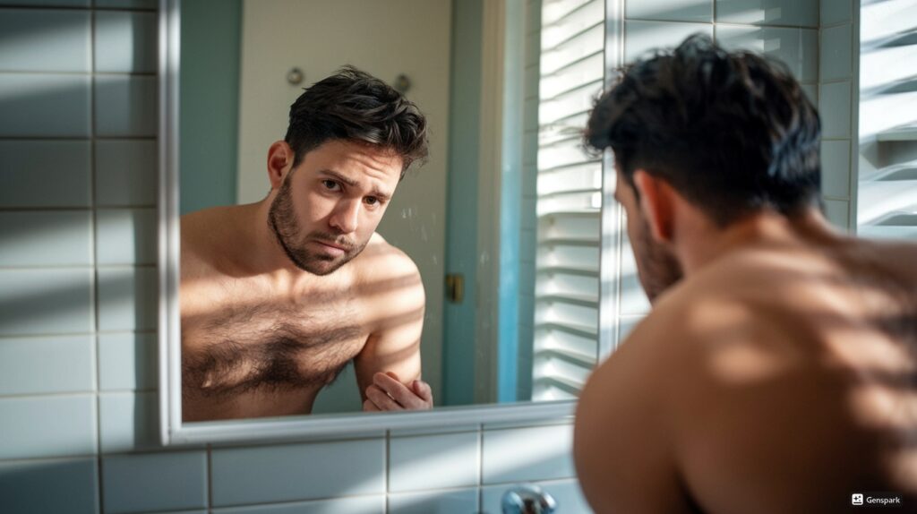 鏡を見ている体毛が濃い男性, 悩んでいる表情, バスルームの背景