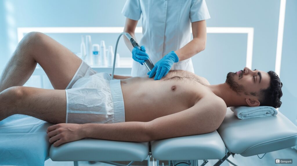 全身脱毛中の男性, 紙パンツを着用, 施術者が丁寧に作業, プロフェッショナルな雰囲気
