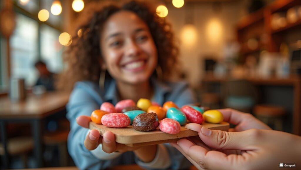 お菓子を受け取っているシーン、カラフルなキャンディーやチョコレートが手渡される瞬間