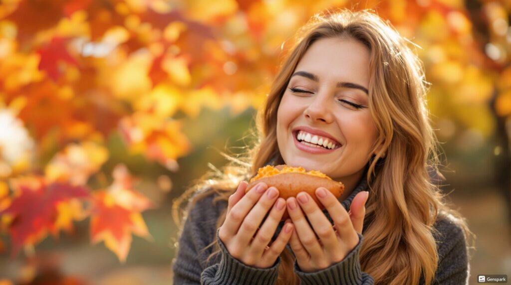 やきいもを食べて幸せそうな表情の女性、背景に紅葉、柔らかい光