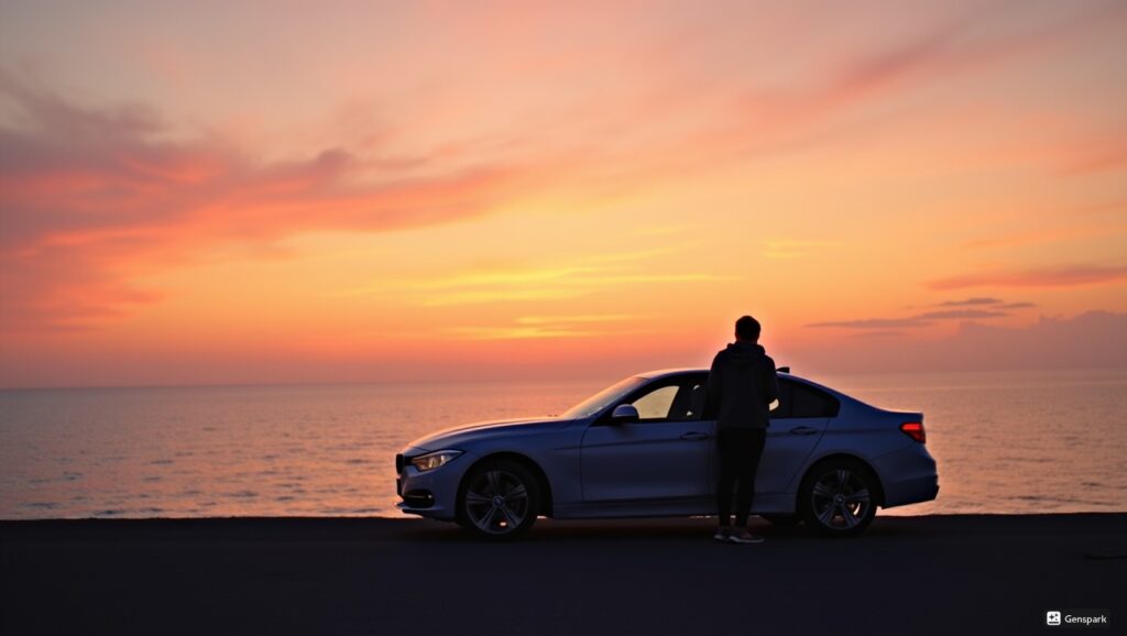 海岸沿いに停まっている車、海を眺める人、夕焼けの空