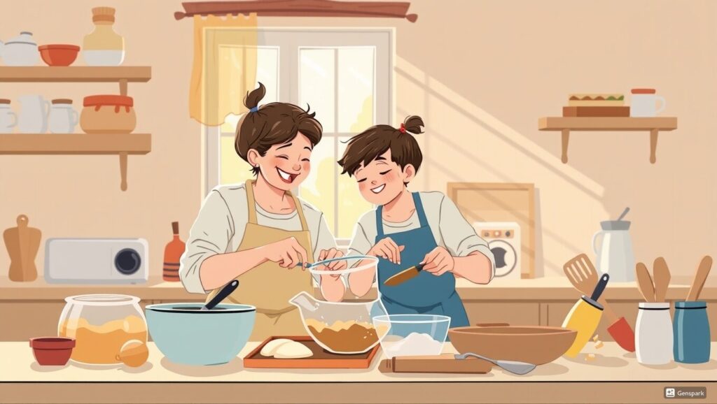 子供と一緒にお菓子を作る親の姿、楽しそうに笑顔で会話している