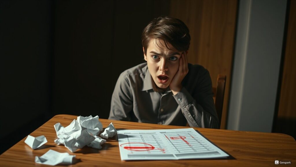 テスト結果を見て驚いた学生、赤で記入された誤り、机の上に試験用紙