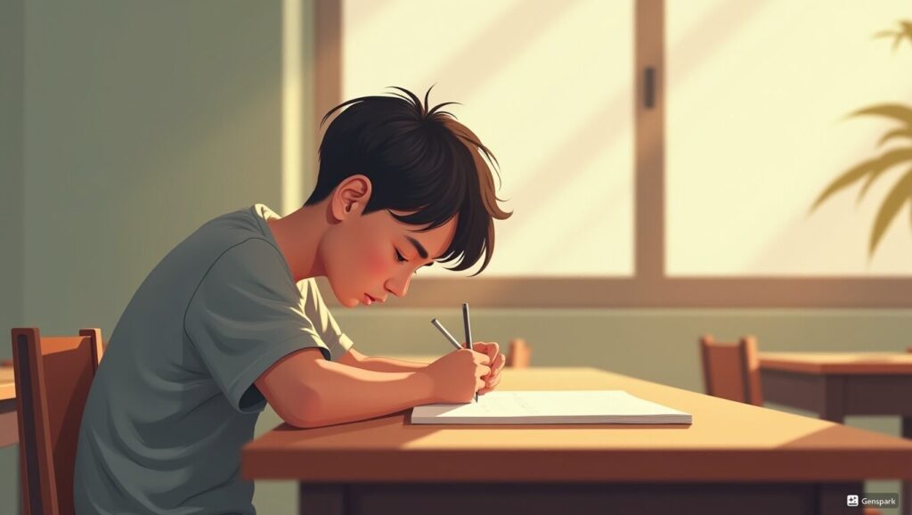 試験中に周りを気にせず、自分に集中している男子学生、柔らかい自然光が差し込む静かな教室、落ち着いた色調