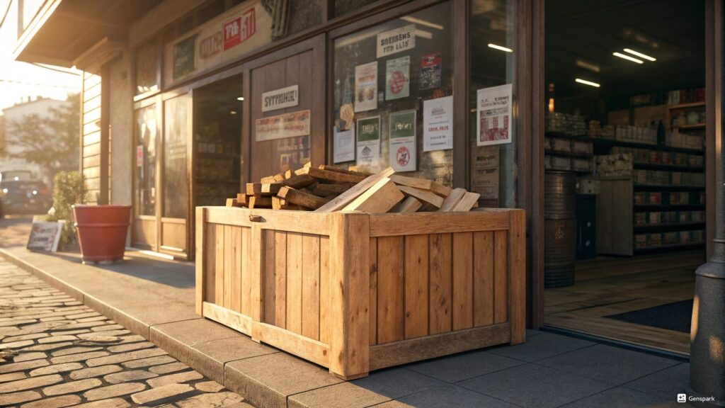 木材店の店頭においてある箱に無料の木材が置いてある様子
